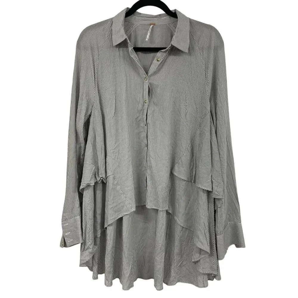 Free People Grey & White Striped Ruffled Tiered Long Sleeve Blouse Womens S Top - Picture 2 of 10